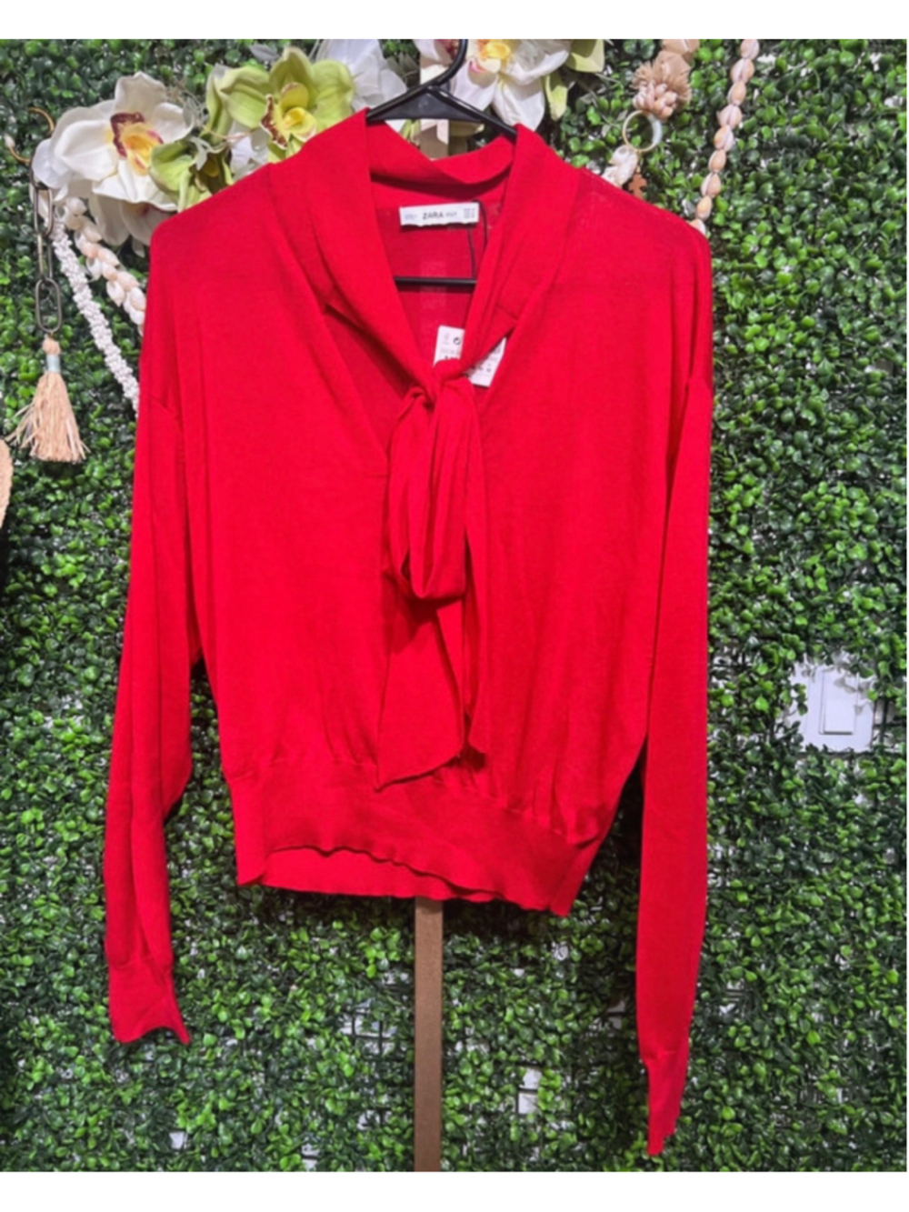 Zara Tie Neck Knot Bow Detail Knit Sweater size Medium Wool Blend